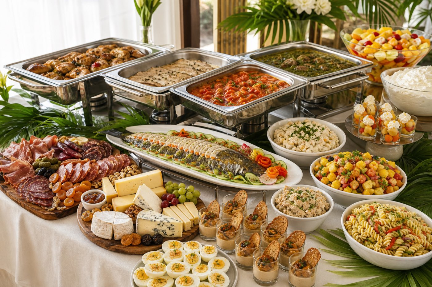 Buffet franco-malgache garni de plats chauds, salades et fromages