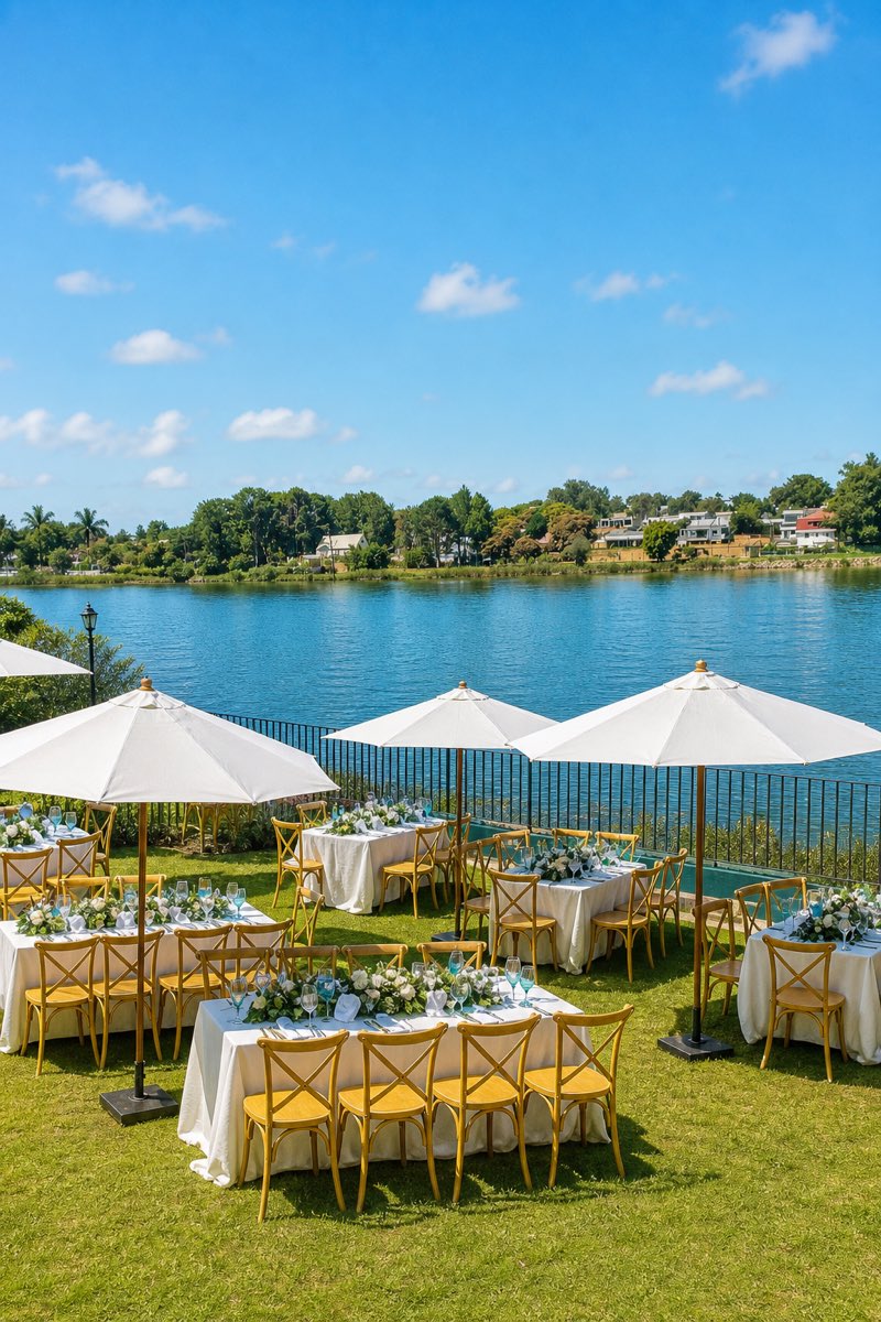 Tables rondes et parasols installés sur la pelouse au bord de l’eau